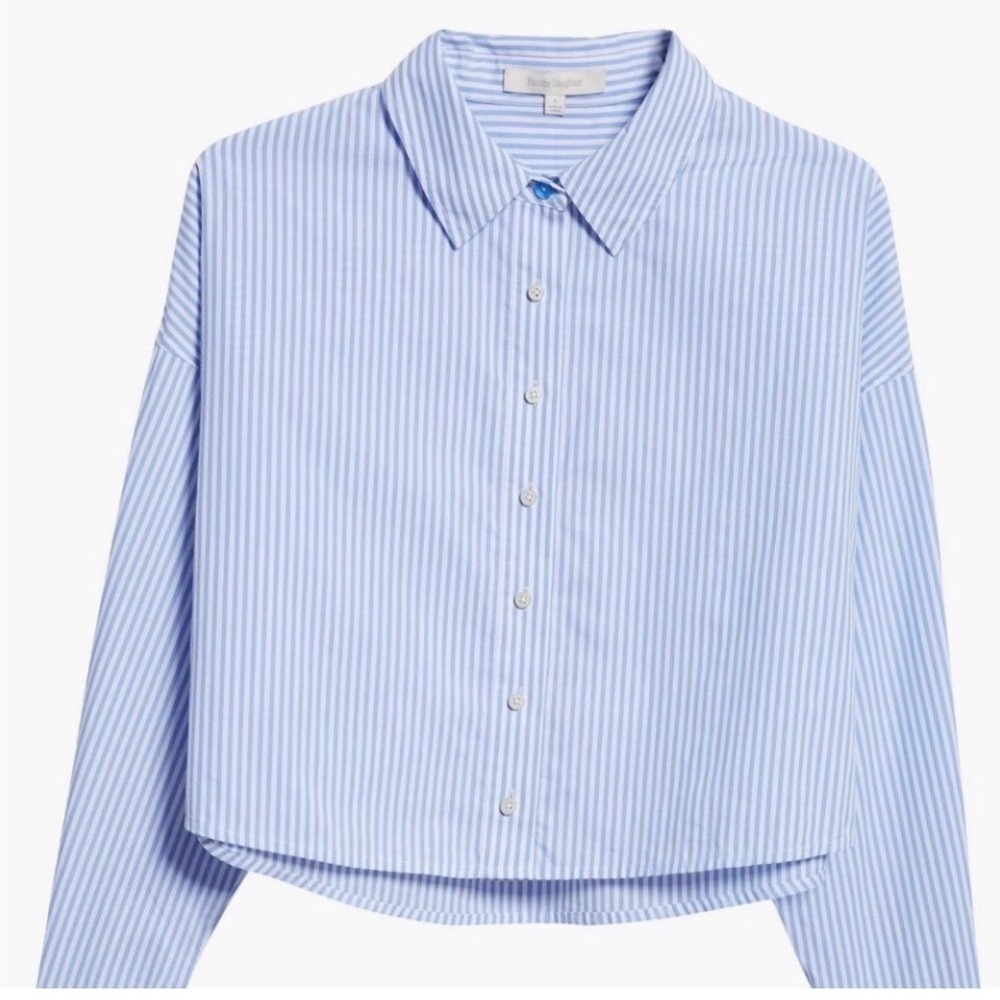 Favorite Daughter The Crop Stripe Cotton Button-Up Shirt Blue M - Picture 3 of 15